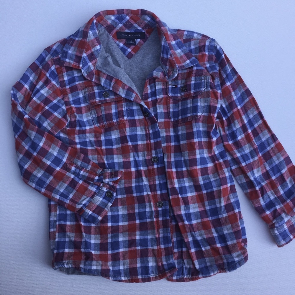💙 TOMMY HILFIGER Red White and Blue Plaid Button Down Shirt - Size 3T